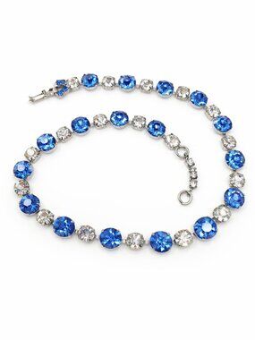 Vintage Blue Rhinestone Tennis Choker Necklace 14” Silver Tone Sapphire Crystal